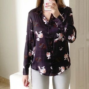 Banana Republic Dillon Classic Fit Gray Floral Satin Button Down Shirt